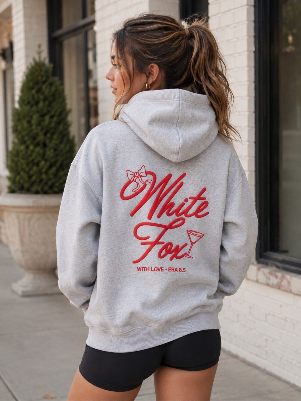 White Fox Boutique Gray Hoodie with Red Puffy LOGO